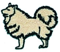 Cartoonish standing Samoyed dog with fluffy tail in light cream and black outline, simple minimalist design.