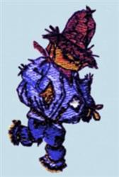 Whimsical scarecrow in blue clothing and a straw hat, playfully running in a colorful fall scene. Applique design.