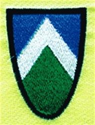 Shield emblem with chevron design in blue, white, and green colors, set against a bright yellow background.