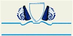 Shield with a blue color scheme, symmetrical cones, and geometric shapes, featuring a clean modern style.
