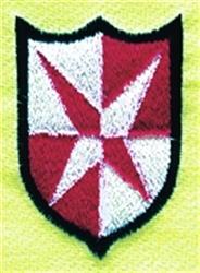 Bold shield with a red and white cross design, defined by black outlines, against a light yellow background.