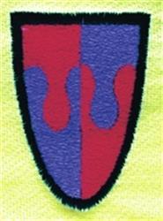 Bold cartoon shield with red and purple halves, wavy lines, and a black outline on a vivid yellow background.