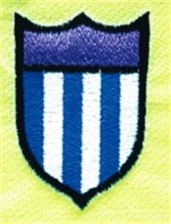 Shield emblem with bold blue and white stripes, topped with a purple band, against a light yellow background.