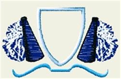 Cheerful shield with pompons in blue shades, against a light background in a symmetrical design.