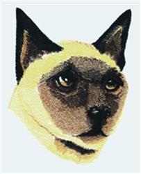 Realistic embroidery of a Siamese cat's face with detailed eyes and contrasting cream and dark brown markings.