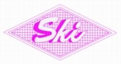 Ski text design in bold pink, featuring a modern diamond shape with a grid pattern, perfect for winter.