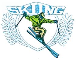 Dynamic skier mid-jump in green jacket and blue pants, with 'SKIING' text and laurel leaves, sporty winter theme.