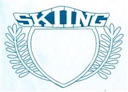 Bold lettering spelling 'SKIING' within a shield shape surrounded by laurel leaves, a sporty winter design.