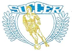 Dynamic soccer player dribbling a ball, outlined in gold with vibrant blue text 'SOCCER' and decorative laurel leaves.