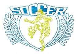 Bold soccer player in yellow mid-kick with 'SOCCER' in blue above, surrounded by green laurel leaves.