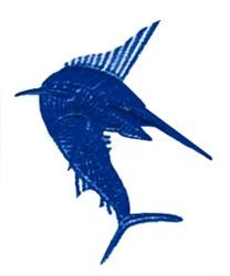 Stylized fish in solid blue with clean lines and linear details. Minimalist design for kitchen towels.