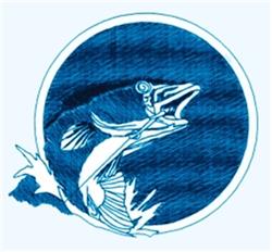 Stylized fish leaping from water in bold outlines within a circular design, featuring energetic splashes.