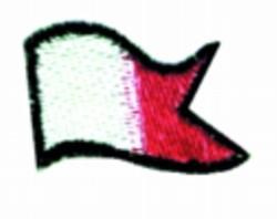 Stylized flag in applique with bold triangular shape, white background, rich red tip, and black outline.