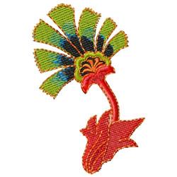 Stylized flower with vibrant green petals, a bright red stem, and blue accents, in colorful embroidery.