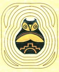 Stylized owl in black and yellow with geometric shapes and curved lines against a pale yellow background.