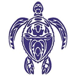 Stylized turtle in bold purple with intricate details, featuring a symmetrical design and color contrast.