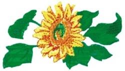Vibrant sunflower with radiant yellow petals and textured center, surrounded by fresh green leaves. Spring floral design.