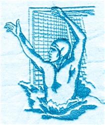 Swimmer in action reaching for a net, illustrated in a sporty blue theme, capturing dynamic movement.