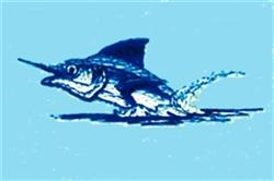 Swordfish leaps from water with splashes, featuring vibrant blue and white colors against a light blue background.