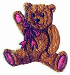 Cheerful teddy bear with brown fur, pink accents on feet, and a pink ribbon, cartoonish style.