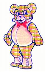 Cartoonish teddy bear in plaid with bright yellow, pink, and blue hues, adorned with a red bow tie. Perfect for children's th