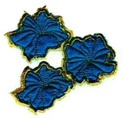 Vibrant blue holyhocks with golden edges, intricately detailed in a decorative embroidery style.