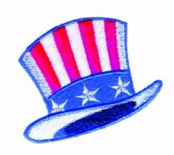 Top hat with bold red and white stripes and a blue band with stars, perfect for Fourth of July celebrations.