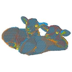 Two whimsical sheep in blue and colorful threads, showcasing gentle expressions and soft curves.