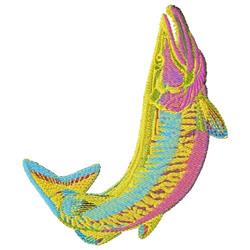 Vibrant fish leaps with playful swirls in yellow, pink, and blue hues, featuring detailed texture.