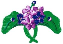 Vibrant bouquet of purple flowers with rich shading, surrounded by lush green leaves in a floral design.