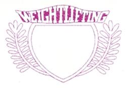 Weightlifting design featuring bold text, a shield shape, and laurel leaves in vibrant pink, perfect for sports apparel.