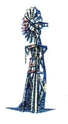 Realistic windmill with a tall tower and rotating blades in blue and red hues, showcasing rustic charm.