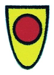 Bold yellow shield with a prominent red circle at its center, outlined in black. A modern, simplistic design.