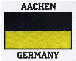 Bold flag of Aachen, Germany featuring black and yellow stripes, with 'AACHEN' and 'GERMANY' in capital letters.