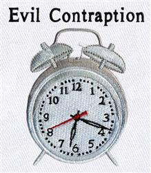 Whimsical alarm clock with a round shape, silver-tone finish, vibrant red and black hands, featuring 'Evil Contraption' text.