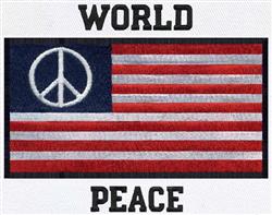Bold American flag embroidered with a peace symbol, featuring 'WORLD' and 'PEACE' text, patriotic theme.