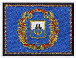 Nautical emblem with anchor and regal gold wreath on blue background, framed in black, perfect for jackets.