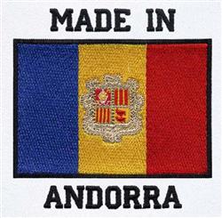 Andorra flag with blue, yellow, and red stripes, featuring black text 'MADE IN' and 'ANDORRA' in a vibrant embroidery design.