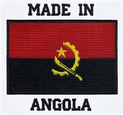 Flag of Angola with red and black background, yellow emblem, and 'MADE IN' text in bold lettering.