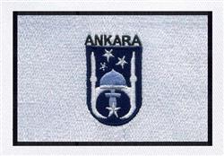 Ankara shield emblem in navy blue with white accents, featuring text and architectural elements. Ideal for machine embroidery