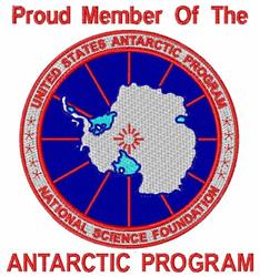 Antarctic Program emblem featuring a detailed map, red and blue circular badge, showcasing patriotic pride.