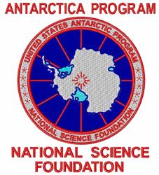 Antarctica map emblem featuring a detailed map within a blue circle and red border, with stars and text.
