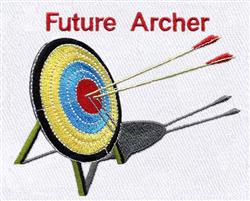 Colorful archery target with yellow, blue, and red circles, two arrows embedded, and 'Future Archer' text above.