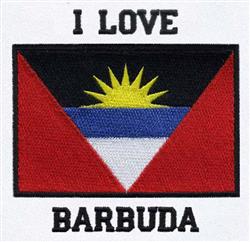 Bold machine embroidery design featuring the flag of Barbuda in red, black, and yellow with a sunburst motif.