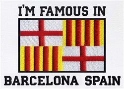 Bold graphic flag featuring red and yellow geometric patterns with the text 'I'M FAMOUS IN BARCELONA SPAIN' in black.