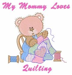 Playful bear with fuzzy ears sits in a chair, crafting a colorful quilt surrounded by vibrant thread spools.
