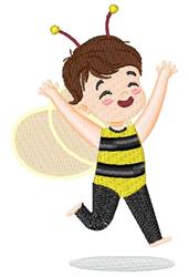 A boy dressed as a bee in playful yellow and black stripes, jumping with translucent wings, perfect for spring.