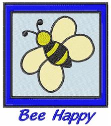 Cheerful bee in playful style with bold blue border and 'Bee Happy' text on light blue background.