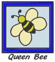 Playful bee with yellow stripes, black accents, and bold 'Queen Bee' text, framed in blue on light blue background.