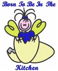 Playful bee character with a light yellow shell and pink face, dressed in a blue outfit, with bold text 'Born To Be In The Ki